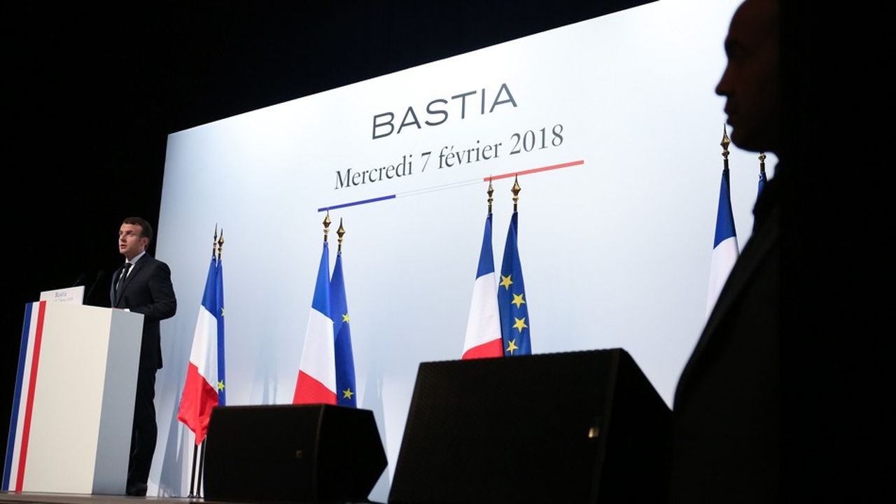 Emmanuel Macron, président de la Republique, le 7 février, lors d'un discours à Bastia, en Corse.