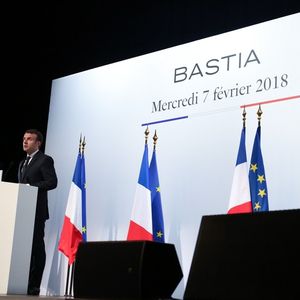 Emmanuel Macron, président de la Republique, le 7 février, lors d'un discours à Bastia, en Corse.