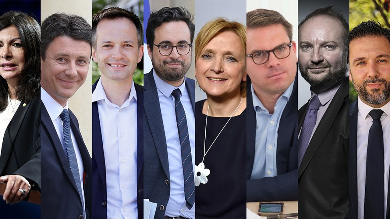 De gauche à droite, huit des candidats déclarés ou pas à la mairie de Paris en 2020 : Anne Hidalgo (PS, sortante), Benjamin Griveaux (LREM), Pierre-Yves Bournazel (LRI), Mounir Mahjoubli (LREM), Florence Berthout (LRI), Geoffroy Boulard (LRI), Julien Bargeton (LREM) et Hugues Renson (LREM)