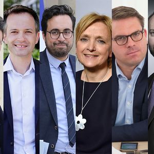De gauche à droite, huit des candidats déclarés ou pas à la mairie de Paris en 2020 : Anne Hidalgo (PS, sortante), Benjamin Griveaux (LREM), Pierre-Yves Bournazel (LRI), Mounir Mahjoubli (LREM), Florence Berthout (LRI), Geoffroy Boulard (LRI), Julien Bargeton (LREM) et Hugues Renson (LREM)