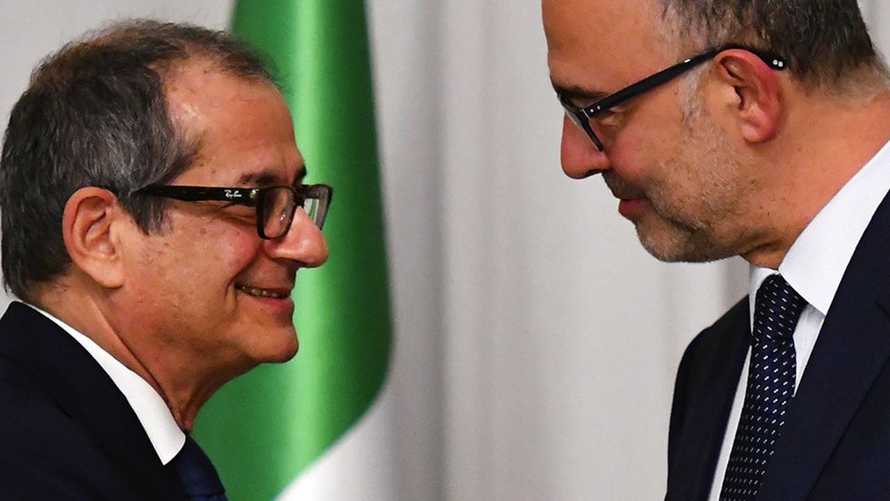 Le ministre italien de l'Economie et des Finances, Giovanni Tria, avec le commissaire européen aux Affaires économiques et budgétaires Pierre Moscovici, le 18 octobre dernier à Rome.