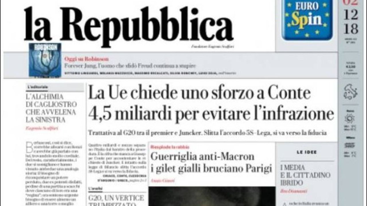 « La guérilla anti-Macron des gilets jaunes brûle Paris » à la Une de « La Repubblica » (Italie).