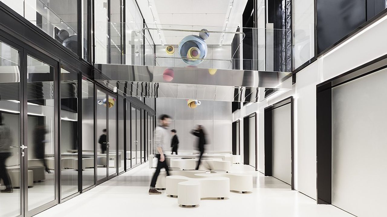 Les travaux ont rendu l'ensemble plus lisible, dès l'entrée, un atrium-galerie d'art en double hauteur, avec des oeuvres de l'artiste Jan Kalàb. 