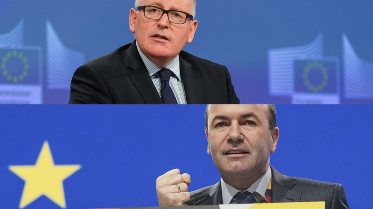 Frans Timmermans (en haut) et  Manfred Weber (en bas), sont respectivement les candidats pour le Parti socialiste européen (PSE) et le Parti populaire européen (PPE).