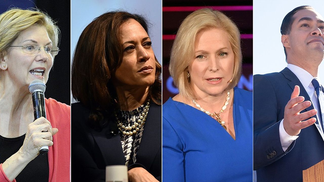 Elizabeth Warren, Kamala Harris, Kirsten Gillibrand et Julián Castro, quatre des huit candidats démocrates à s'être déjà déclarés dans la course à la présidence.