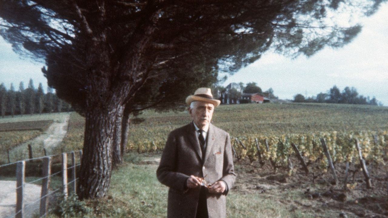 François Mauriac se promenant dans les vignes de son domaine de Malagar près de Bordeaux.F