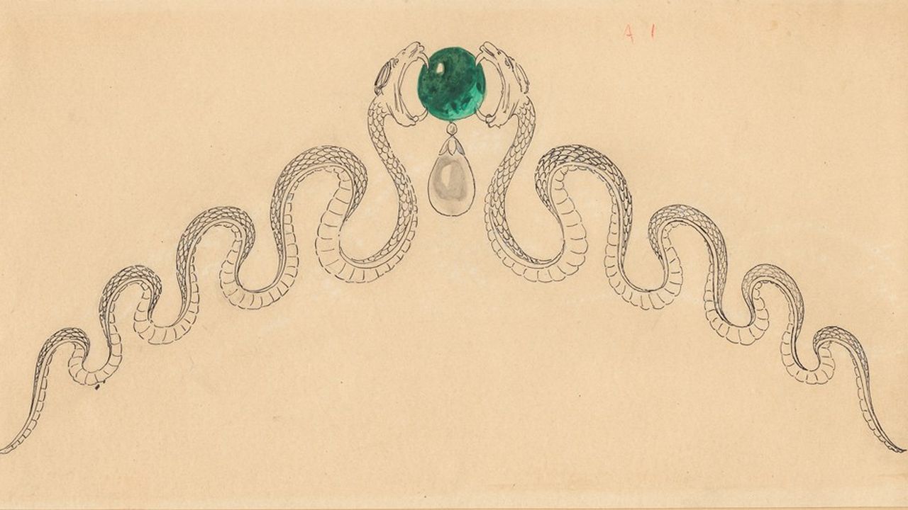 Joseph Chaumet dessin préparatoire pour un diadème, s'affrontant autour d'une émeraude. Vers 1890-1900 Collection Chaumet.
