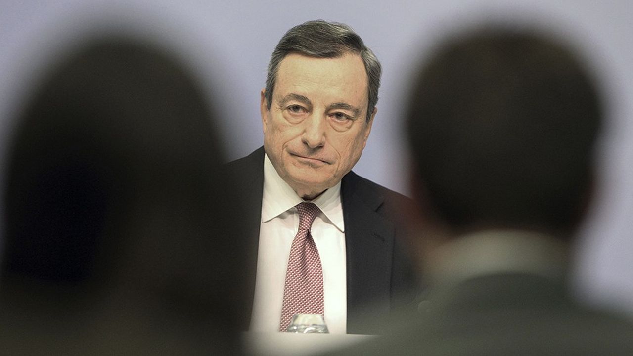 Mario Draghi, le président de la Banque centrale européenne lors de la conférence de presse du 24 janvier, où il évoqua les risques pour l'économie européenne