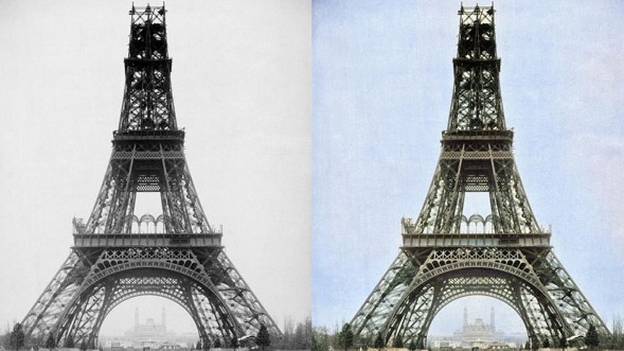 La Tour Eiffel en 1888 lors de sa construction, photographiée par Louis-Emile Durandelle (gauche) et colorisée par Colourise.sg (droite).