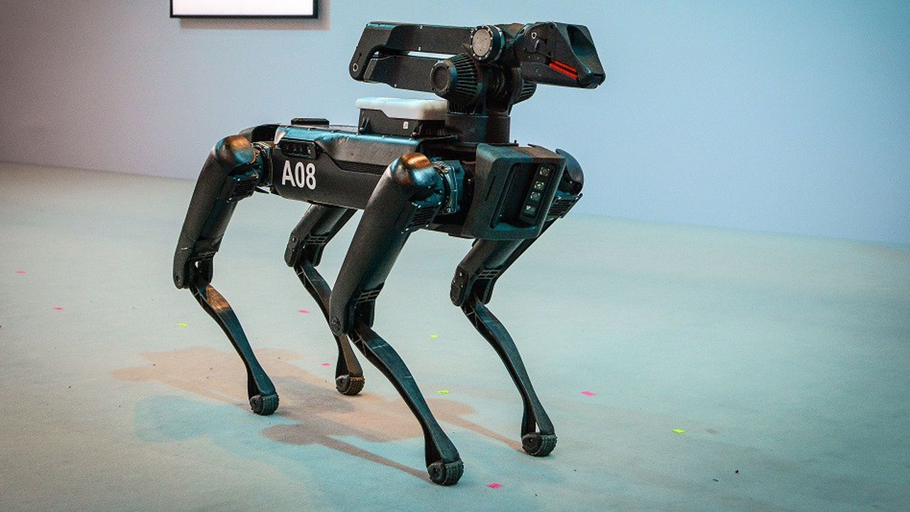 SpotMini (ici dans une version de 2018) est un robot quadrupède de la taille d'un chien parfois équipé d'une pince au bout d'un bras articulé.