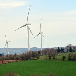 Un champ d'éoliennes en milieu rural, exemple typique des projets développés dans le cadre des 554 territoires à énergie positive, labellisés comme tels par le ministère de la Transition énergétique.