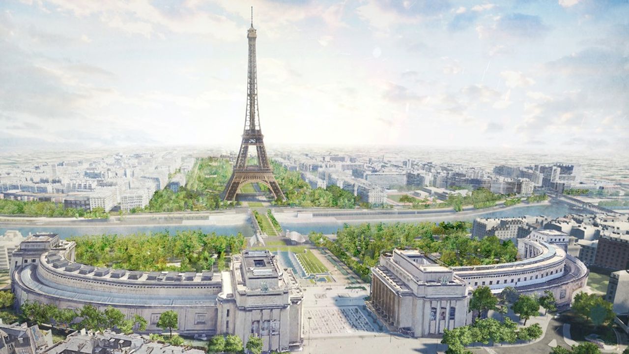 Vue d'artiste de la coulée verte qui reliera le Palais de Chaillot au premier plan jusqu'au bout du Champs-de-Mars.