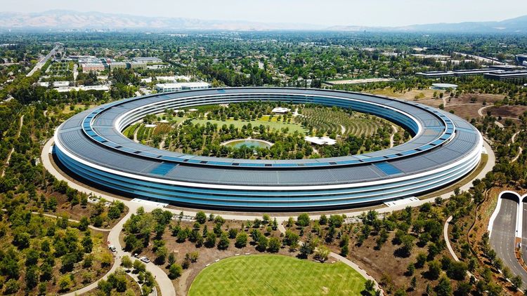 Le nouveau siège futuriste d'Apple à Cupertino, un anneau aux parois de verre encerclant un verger