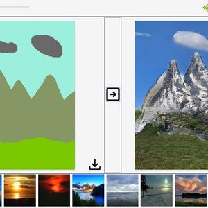 Pour utiliser GauGAN, il faut définir des zones (montagne, herbe, ciel, nuage, etc.) que l'ordinateur se charge de remplir avec des détails. Il est possible aussi de choisir un filtre pour la lumière.