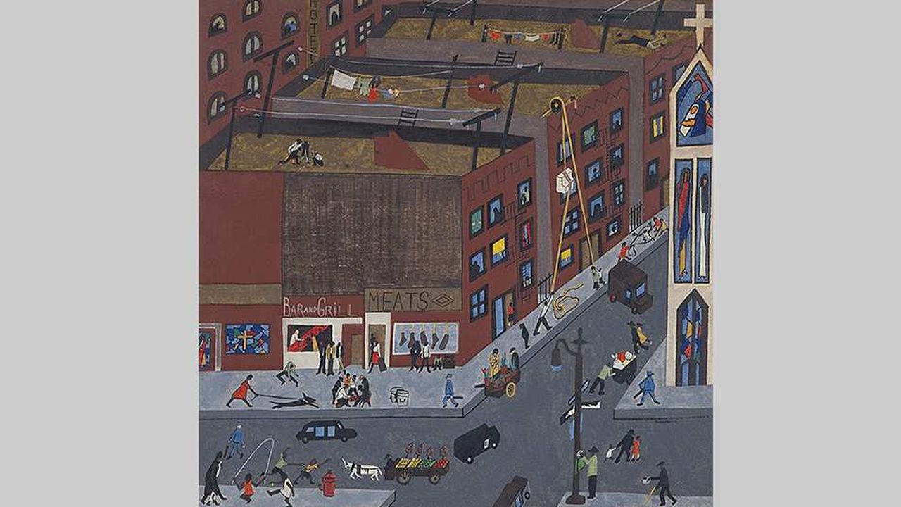 « Harlem Street Scene » (1942), gouache sur papier, de Jacob Lawrence, l’un des artistes mythiques de la modernité américaine. Il est connu pour avoir représenté des scènes de la vie quotidienne noire à Harlem.