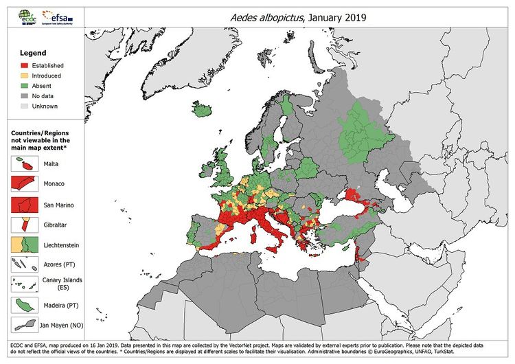 Distribution connue du moustique Aedes albopictus en Europe en janvier 2019.