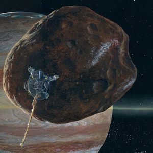 Vue d'artiste d'un satellite Galileo passant devant la petite lune de Jupiter, Amalthea.
