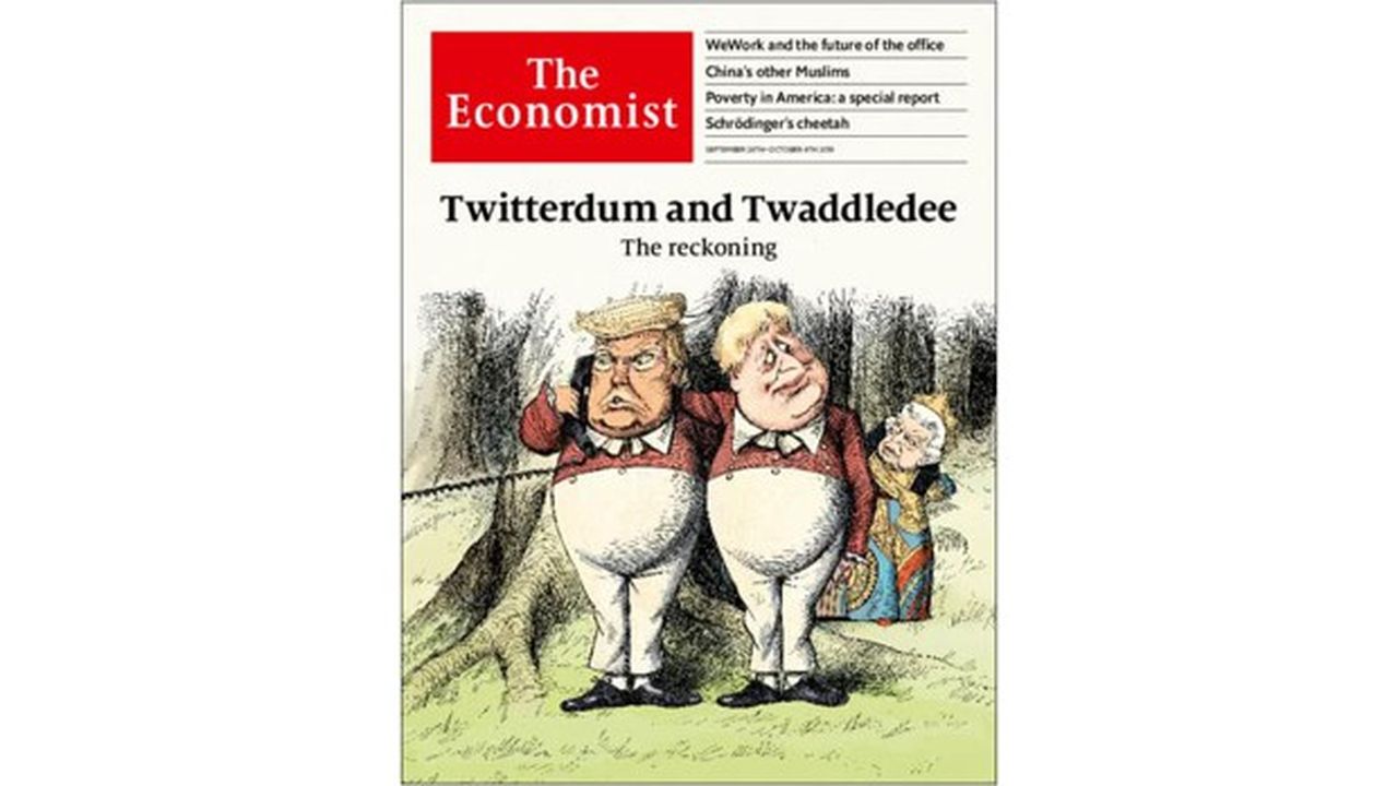 « The Economist » ironise sur Donald Trump et Boris Johnson, en les affabulant de noms qui rappellent le roman de Lewis Carroll et ses personnages de Tweedledum et Tweedledee habillés en écolier sous le regard de la reine d'Angleterre.