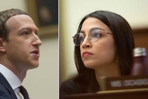 De gauche à droite : Mark Zuckerberg, patron de Facebook et Alexandria Ocasio-Cortez, représentante démocrate au Congrès.