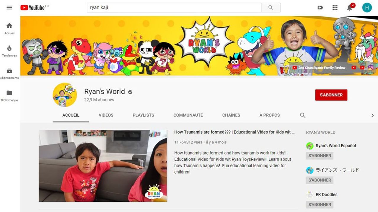 La chaîne « Ryan's World », lancée en 2015 par les parents de Ryan, qui n'avait alors que 3 ans, compte 22,9 millions d'abonnés.