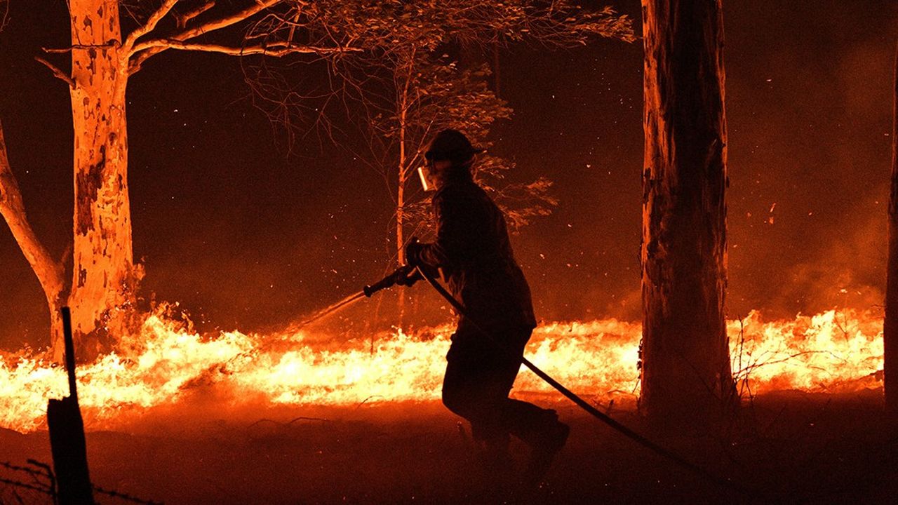 Un pompier essaie de sécuriser les alentours d'une maison menacée par le feu près de la ville de Nowra en Nouvelle-Galles du Sud.