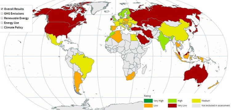 Carte du 'Climate Change Performance Index 2019', outil de surveillance indépendant de la performance des pays en matière de protection du climat.