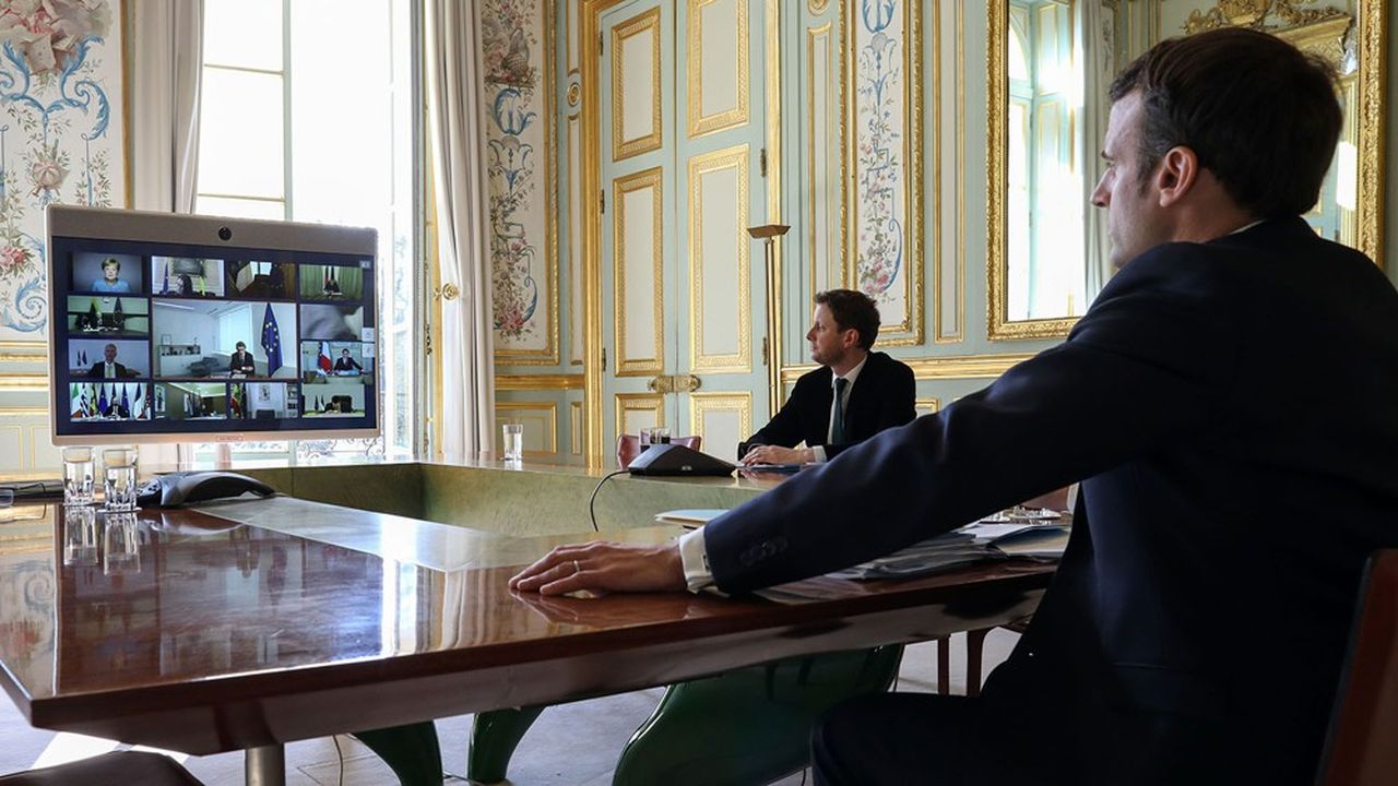 Emmanuel Macron en vidéo-conférence.