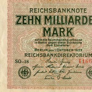 Un billet de 10 milliards de Mark émis le 15 septembre 1923 durant la période d'hyperinflation de la République de Weimar.