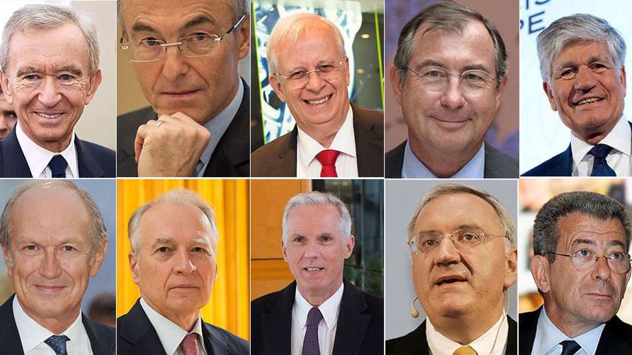 La « Harvard Business Review » a identifié 10 patrons français dans son palmarès mondial 2016 des CEOs les plus performants. De gauche à droite, en commençant par le haut : Bernard Arnault, ( LVMH), Benoît Potier (Air Liquide), Jacques Aschenbroich (Valeo), Martin Bouygues, Maurice Lévy (Publicis), Jean-Paul Ago (L’Oréal), Xavier Huillard (Vinci), Gilles Schnepp (Legrand), Jean-Paul Clozel (Actelion), et Michel Landel (Sodexo).