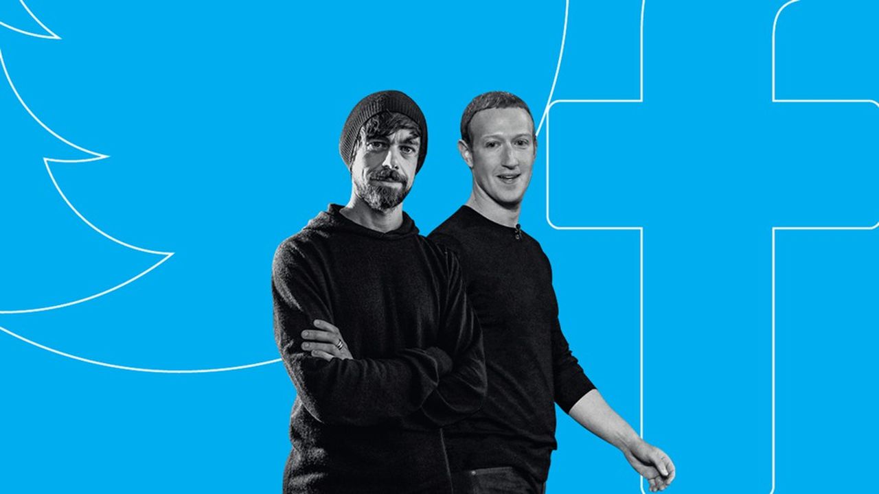 Jack Dorsey (à gauche), patron de Twitter, et Mark Zuckerberg, patron de Facebook.