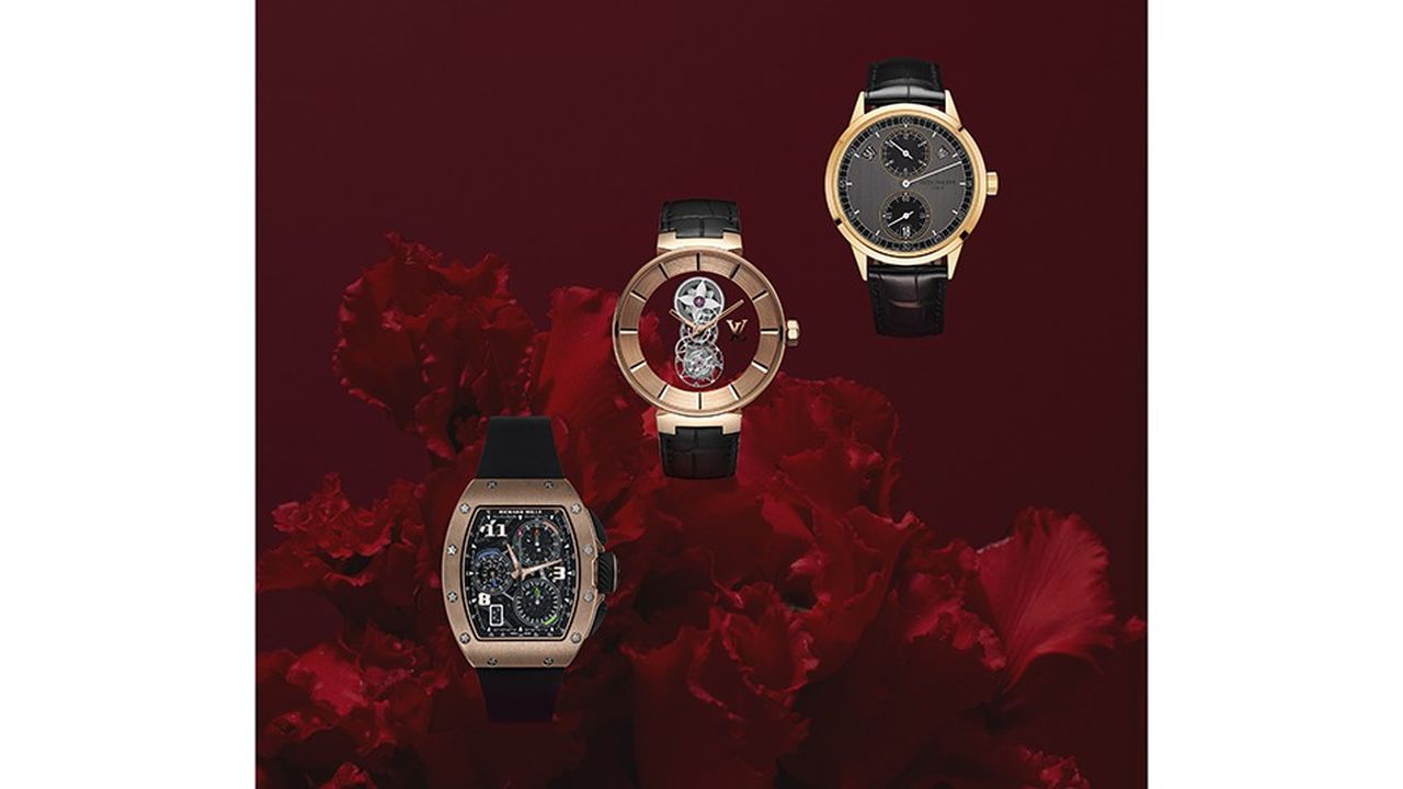 Trois montres en or rose: Patek Philippe, Louis Vuitton et Richard Mille.
