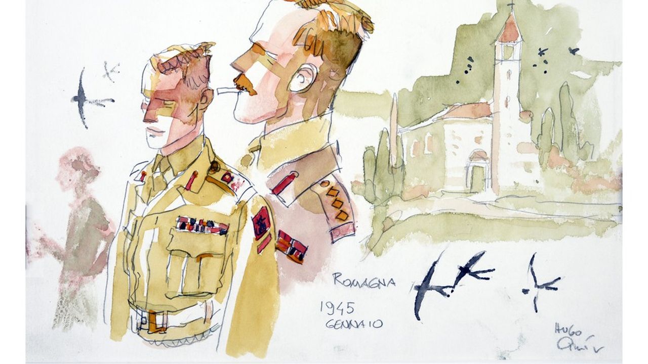 Soldats en Romagne, aquarelle d'Hugo Pratt, estimée entre 6.500 et 8.500 euros.