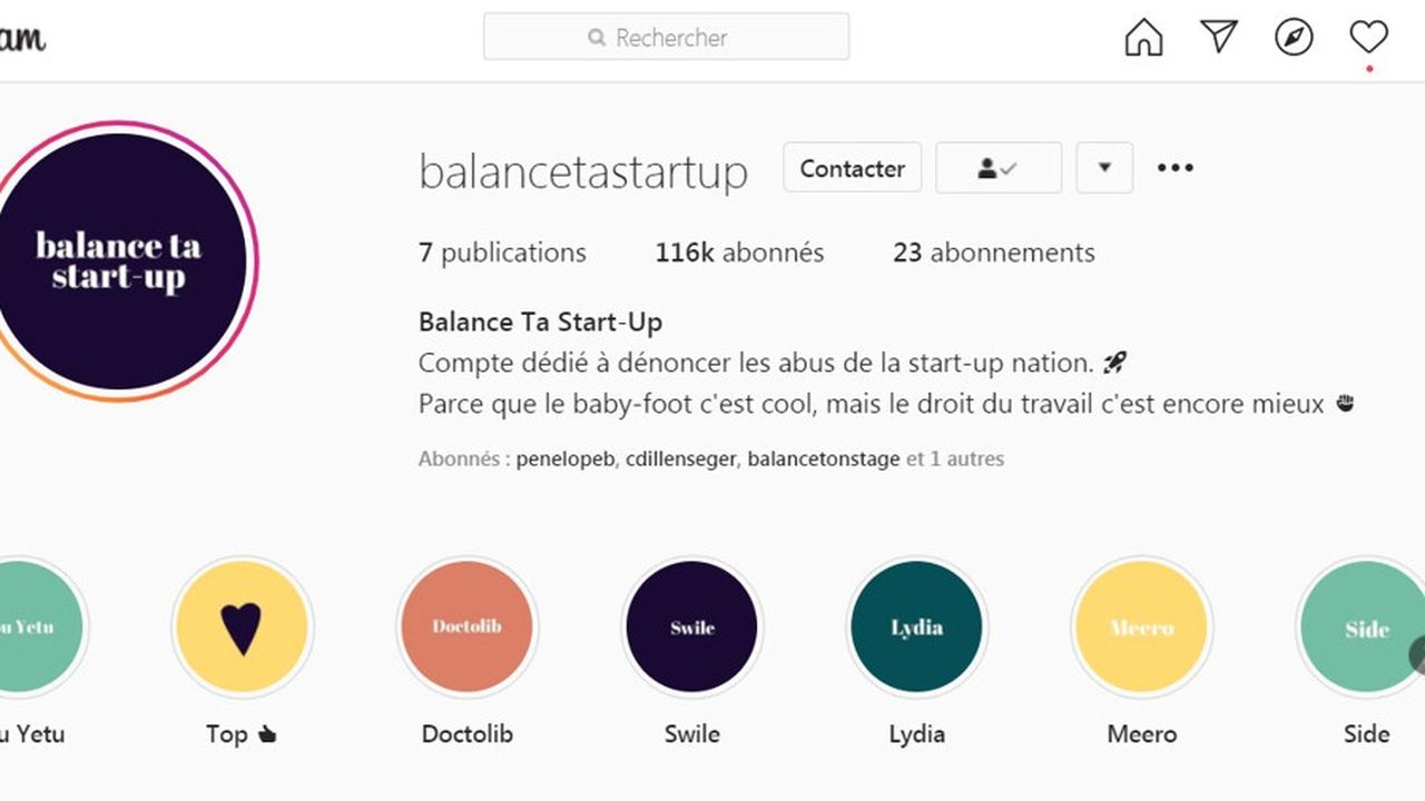Copie d'écran du compte Instagram @BalanceTaStartup, lancé en décembre. Ce 21 janvier, on compte plus de 116.000 abonnés au compteur.