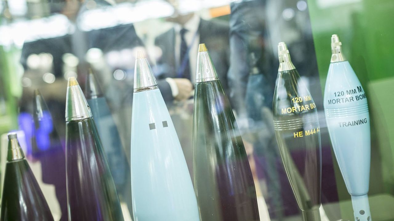 Villepinte, le 12 juin 2018. Au Salon de l'armement militaire Eurosatory. Stand munitions, obus de mortier, projectiles, armes de guerre...