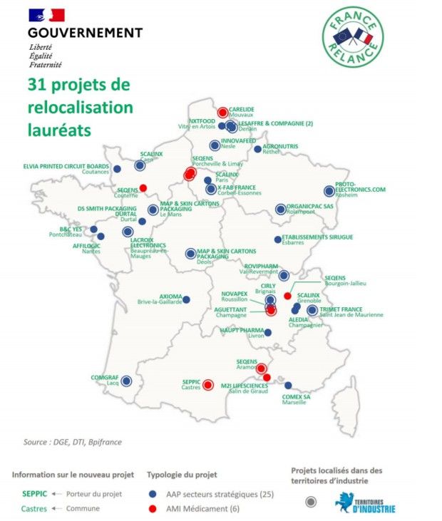Les 31 premiers projets de réindustrialisation sélectionnés par le ministère français de l'Industrie.