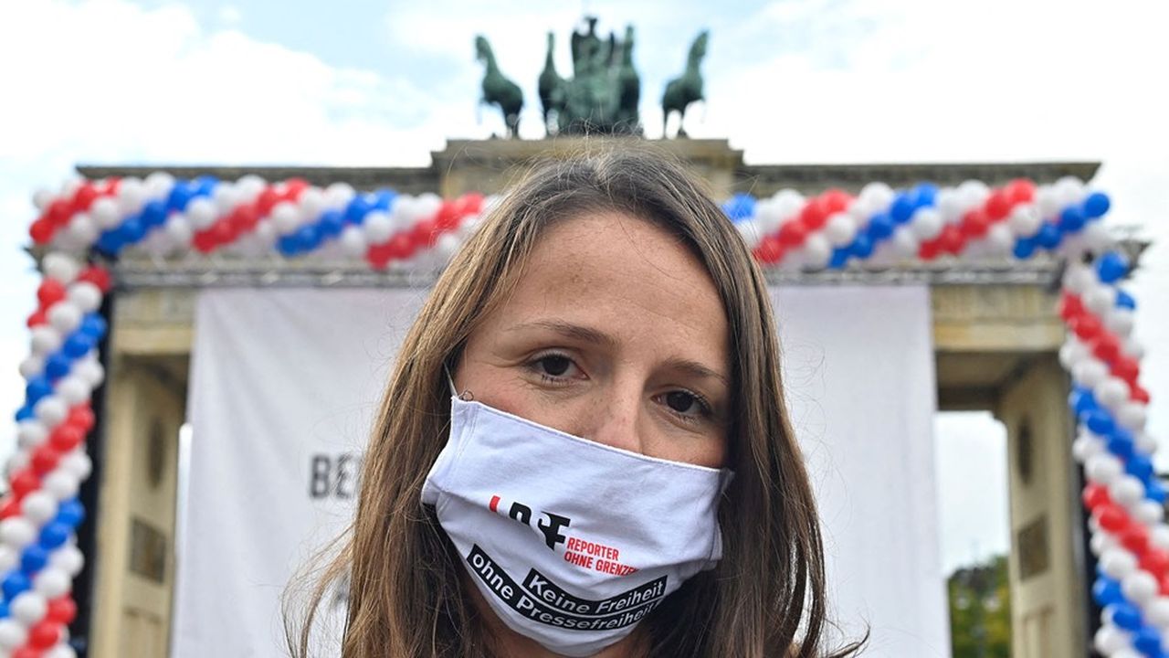 Une manifestation à Berlin, en octobre 2020, en soutien à Reporters sans frontières.