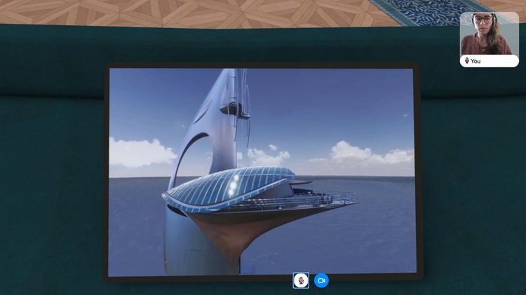 Vue du « Sea Orbiter » en pleine mer imaginée par Jacques Rougerie depuis l'écran d'une salle Room.