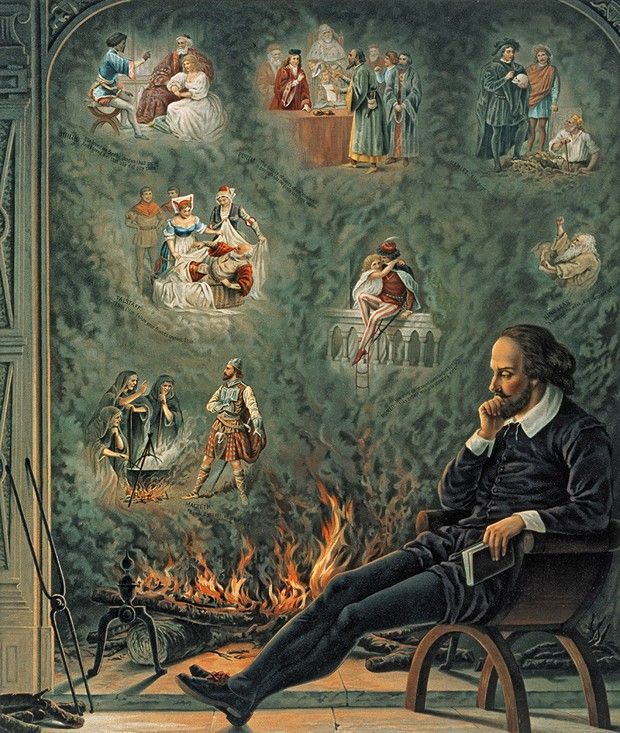 Chrono-lithographie «The Genius of Shakespeare», de 1888, le représentant devant ses plus célèbres pièces de théâtre.