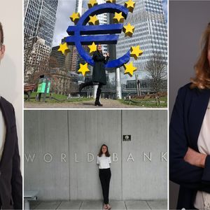 Nagui à l'Insee (à gauche), Clémence au Trésor (à droite), Mégane à la BCE (en haut) et Eva à la Banque mondiale (en bas)