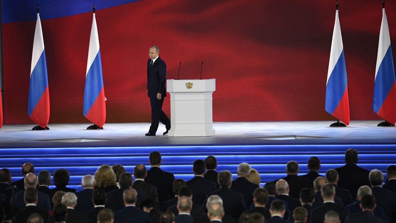 Le Président russe, Vladimir Poutine, lors de son discours à la Nation, le 21 avril 2021.