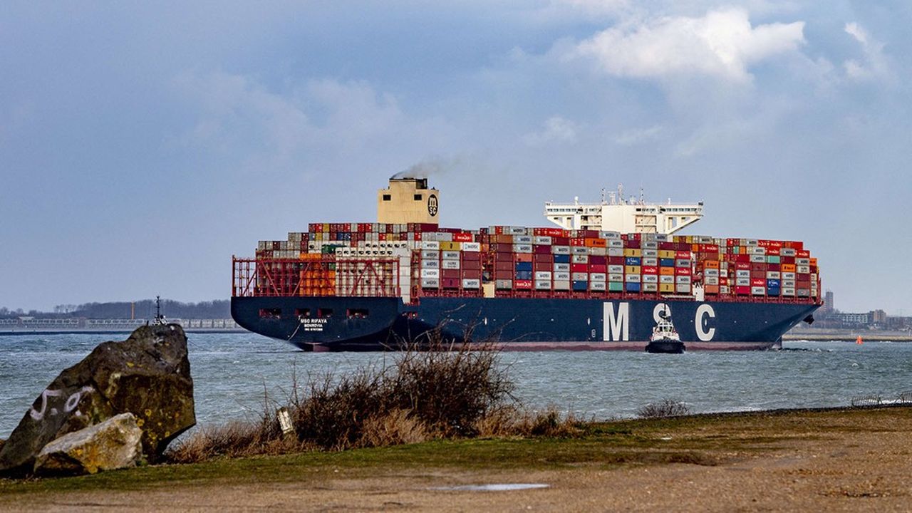 Le porte-conteneurs MSC Rifaya arrive au port de Rotterdam après être passé par le canal de Suez.