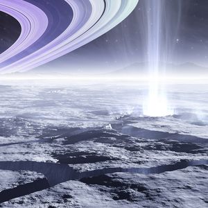 Image 3D d'un geyser de matières océaniques sur Encelade, l'une des lunes de la planète Saturne.