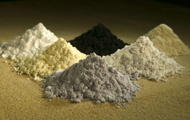 Refined rare earths, clockwise from top to middle: praseodymium, cerium, lanthanum, neodymium, samarium and gadolinium.