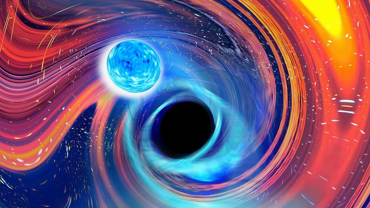 Jamais une fusion entre une étoile à neutrons et un trou noir n'avait été observée auparavant (vue d'artiste).