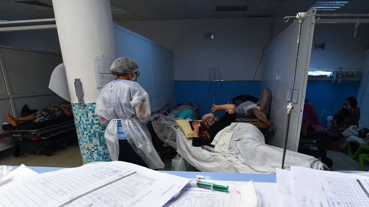 Un médecin tunisien administre les premiers soins à un patient atteint du covid-19, à l'hôpital Charles Nicole de Tunis.