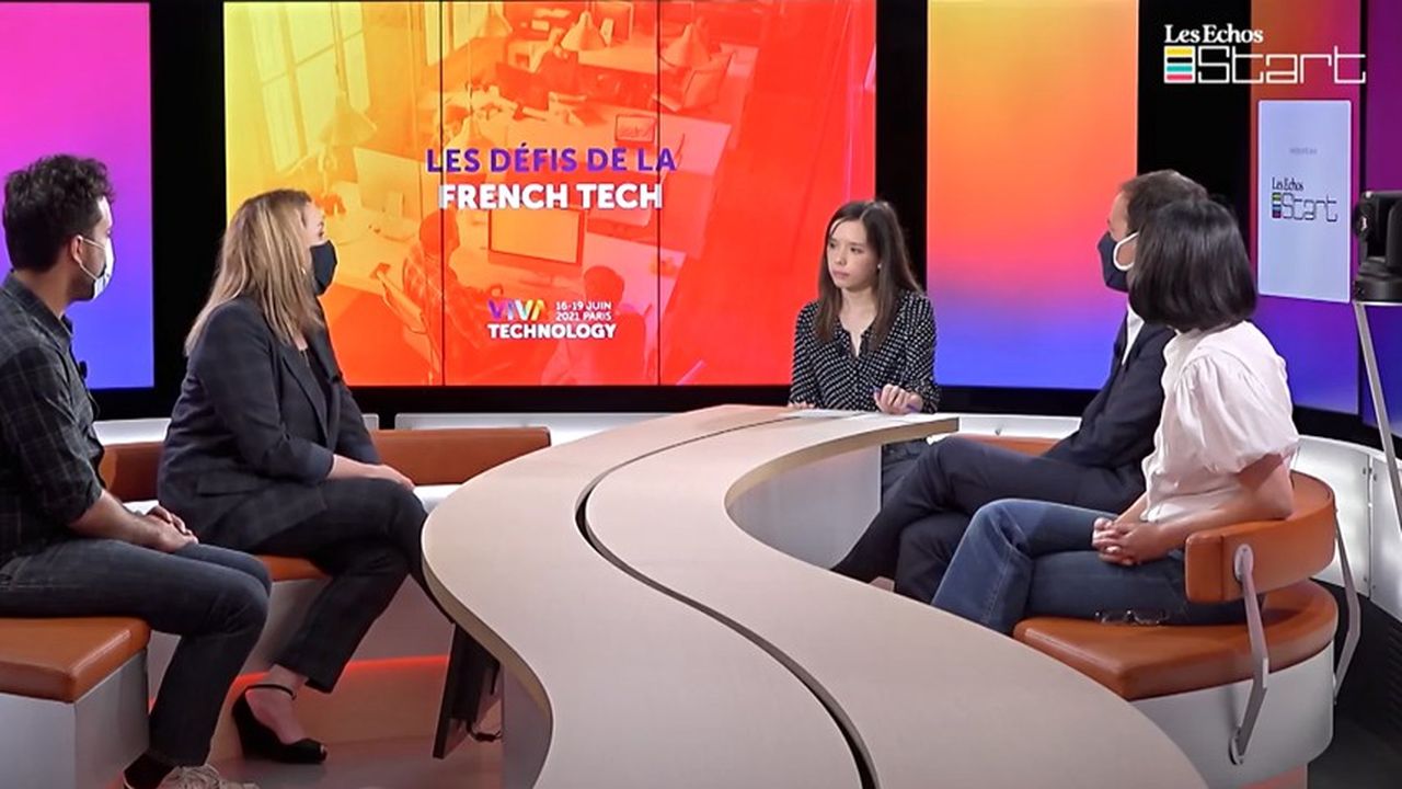 Mounir Mahjoubi, Axelle Lemaire, Cédric O et Fleur Pellerin dans le studio TV des Echos.