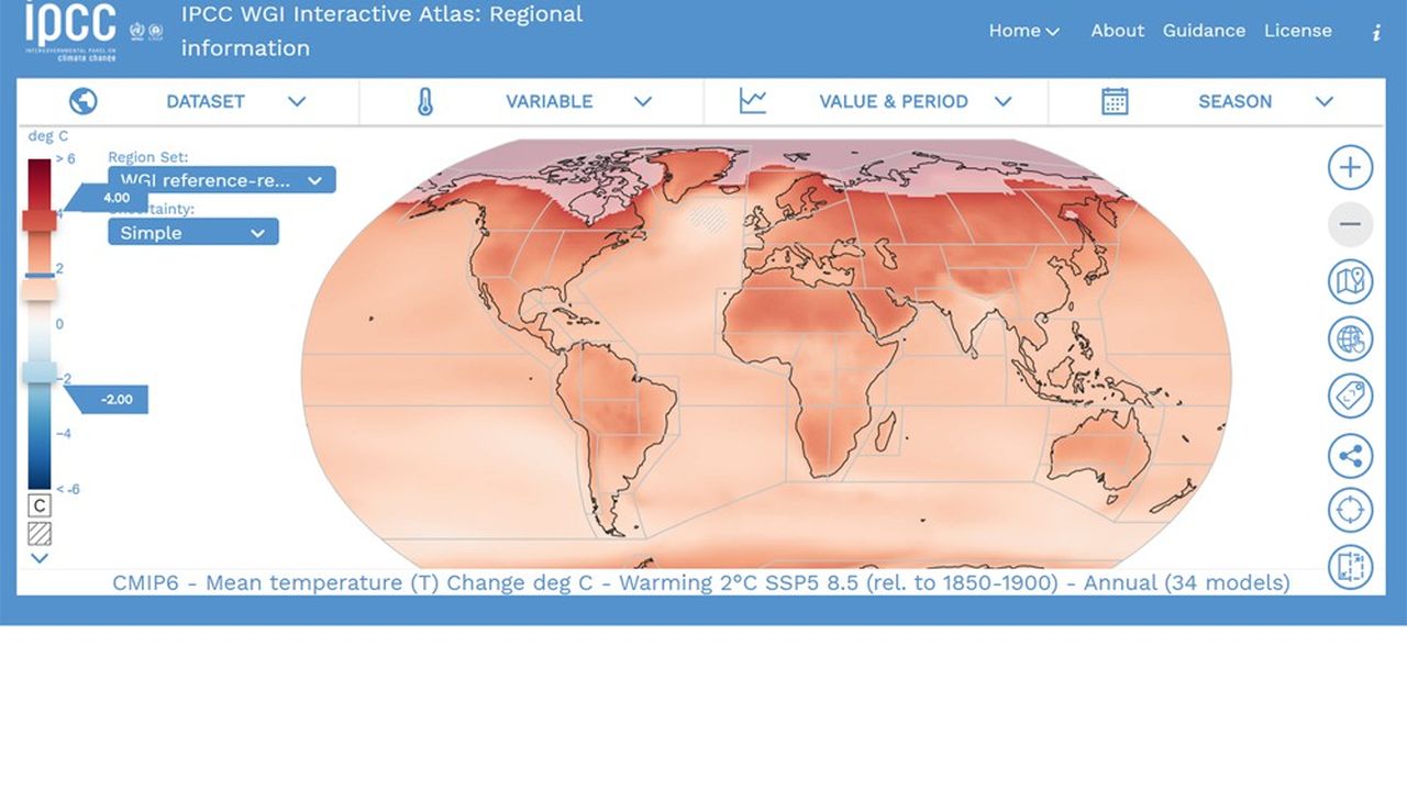 « L'atlas utilise plusieurs modèles de prévision […] et une multitude de variables, telles que les températures moyennes, les extrêmes de chaleur, l'élévation du niveau des mers… »