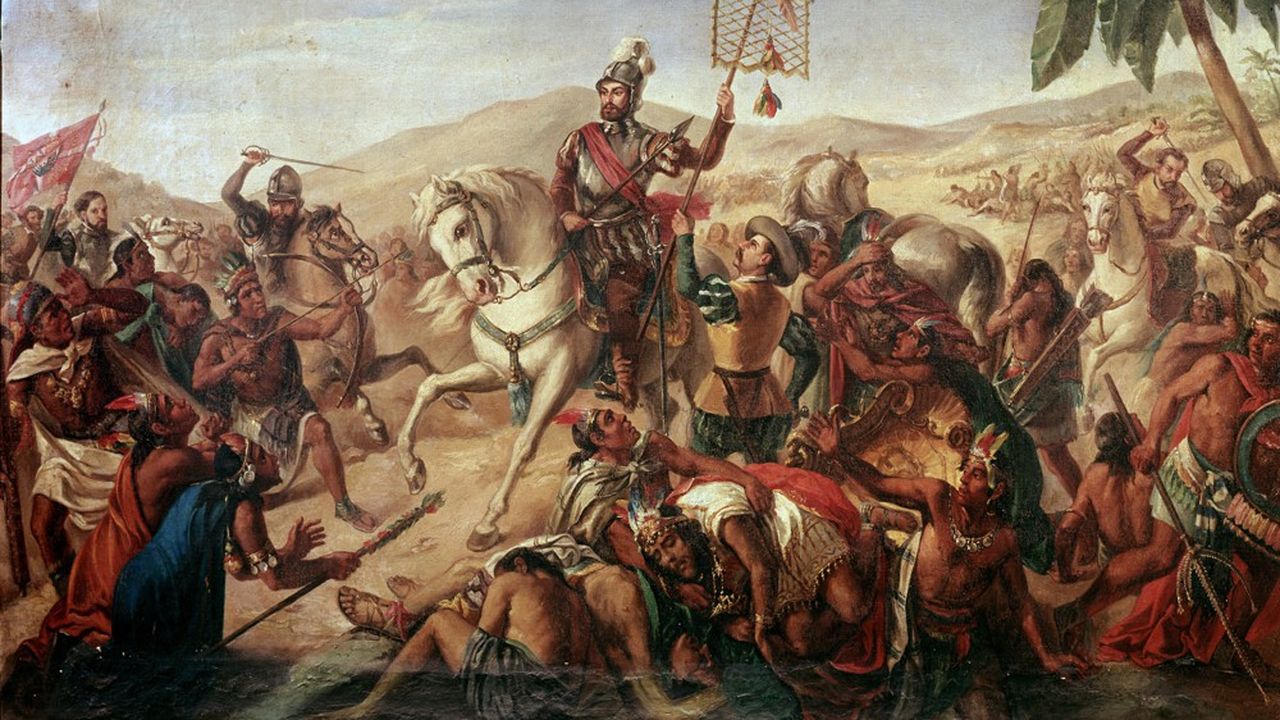 Hernán Cortéz vainqueur des Aztèques à la bataille d'Otumba, en 1520. Comme Francisco Pizarro plus tard avec les Incas, il profitera de l'affaiblissement de l'Empire par l'épidémie de variole pour mener une conquête rapide.