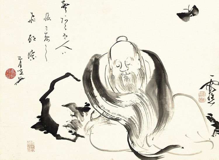 « Zhouangzi rêvant d'un papillon », dessin à l'encre du XVIIIe siècle d'Ike no Taiga. Zhouangzi est l'un des fondateurs du taoïsme.