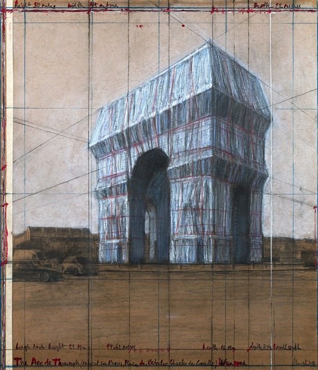 Le projet de l'Arc de Triomphe dessiné par Christo en 2018. L'artiste finançait ses projets en vendant ses dessins préparatoires.